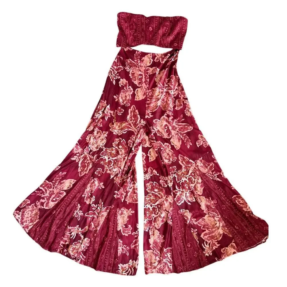Free People Silky Juliet Jumpsuit Strapless Floral Wide Leg Jumpsuit Size Medium